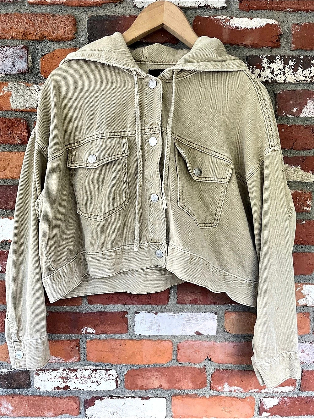 Forever 21 Hooded Cropped Jean Jacket Beige Medium
